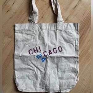 CHI Chicago Cream Canvas Tote Bag with Purple and Blue Print